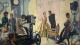 Painting of an early television studio with a large camera, crew members, and a well-dressed couple preparing for a performance under studio lights.