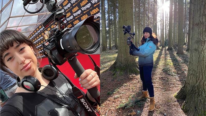Angelica Bizzotto alumna with camera on the red carped and in the forest