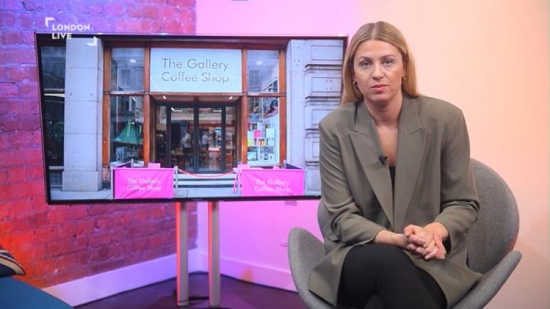 Screenshot of London Live presenter talking about the Gallery Coffee Shop