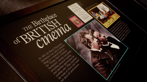 A sign inside Regent Street Cinema titled 'The Birthplace of British Cinema'