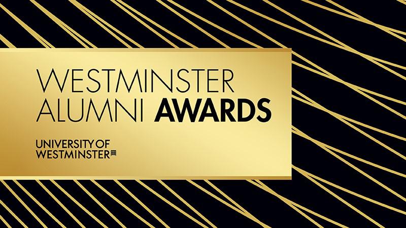 Gold Westminster Alumni Award logo on a black stripy background