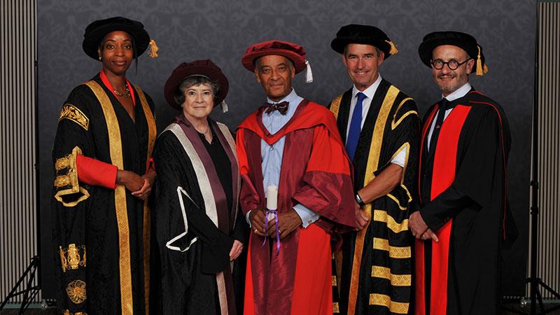 Sir Kenneth Olisa with Peter Bonfield, Andrew Linn, Lynne Berry and Natalie Campbell