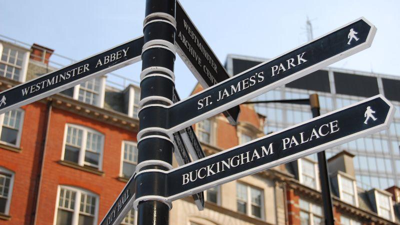 Signpost pointing to St James' Park, Buckingham Palace and Westminster Abbey