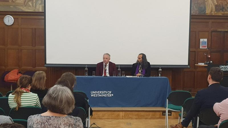 Lord John Mann in conversation with Professor Dibyesh Anand in front of a small audience in Fyvie Hall