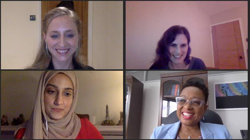 Screenshot of panellists smiling at virtual What it Takes to be a Successful Woman in Business event