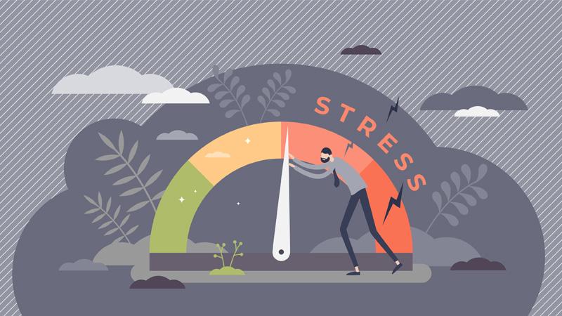 Illustration of man pushing down stress level on measure